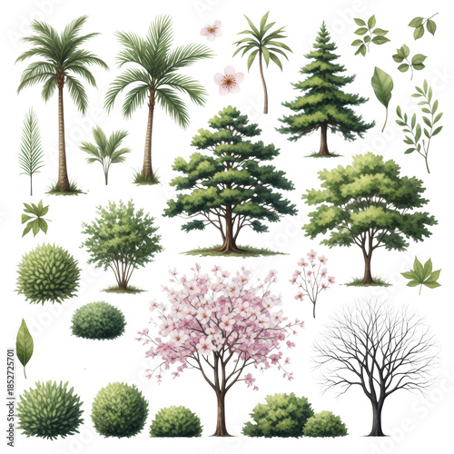 Collection of hyper-detailed watercolor botanical illustrations: palm trees, pine trees, shrubs, and flowers, scattered as design elements on a seamless transparent background. Concept for