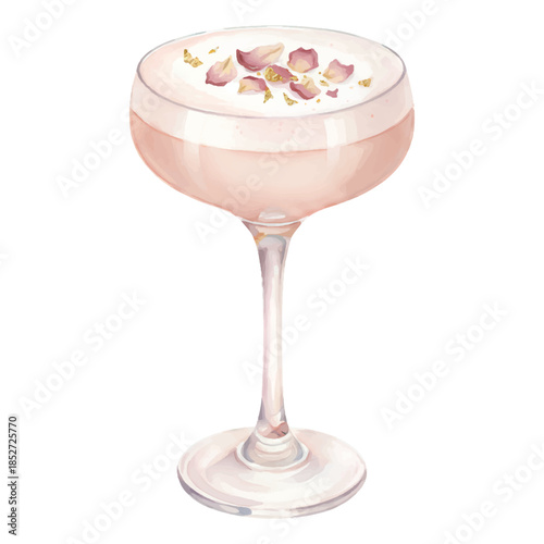 Rose Petal Gin Fizz Watercolor Cocktail Vector Isolated on White Background
