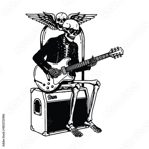 Skeleton Guitarist Playing Electric Guitar Illustration.