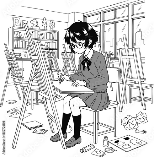 Young artist creating masterpiece in busy studio with easels and art supplies