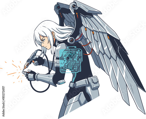 Cyborg angel welding with futuristic technology and wings