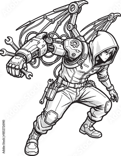 Cybernetic character with robotic arm and tools