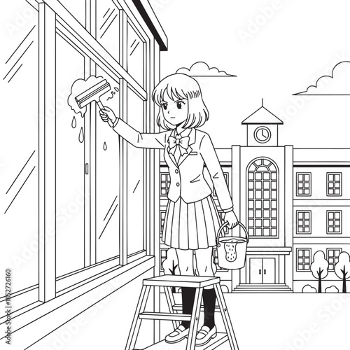 Girl cleaning window with squeegee on ladder outside school building