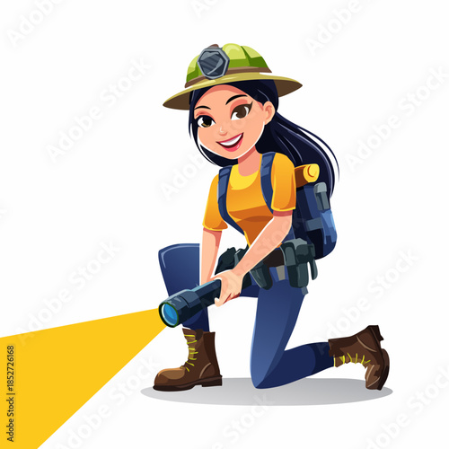 Smiling woman explorer with flashlight on adventure