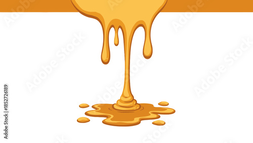 Golden liquid pouring and dripping with splashes on white background