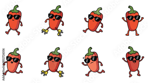 Cartoon chili peppers wearing sunglasses in various fun poses and expressions