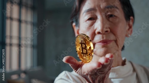 Senior woman holds bitcoin coin with confidence. She symbolizes financial growth and modern investment. Digital currencies reshape economy and personal finance. Embrace cryptocurrency now.