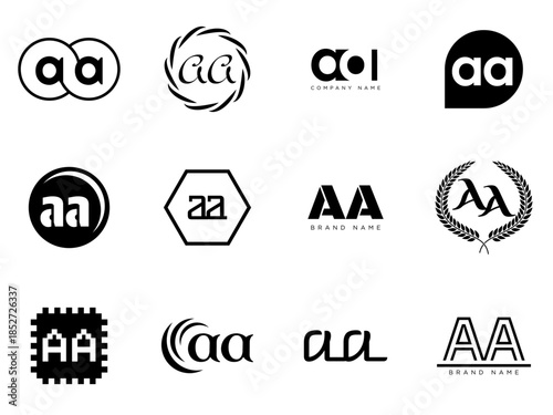 AA logo company template. Letter a and a logotype. Set different classic serif lettering and modern bold text with design elements. Initial font typography.