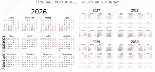 Set of 2026, 2026, 2027, 2028, 2029, 2030 year portuguese calendars. Printable vector illustration Portugal