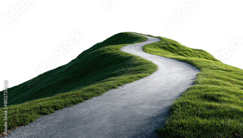 A winding path curves over a grassy hill against a black background