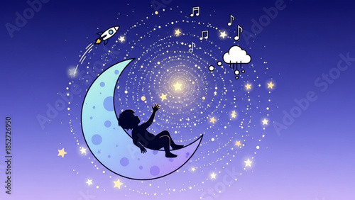 Child on crescent moon reaching for star surrounded by swirling galaxy music notes and rocket representing dreams and imagination