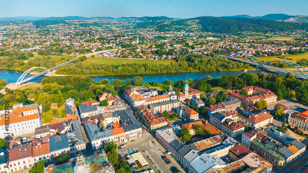 Obraz premium Aerial view of Nowy Sącz, Lesser Poland Voivodeship Poland