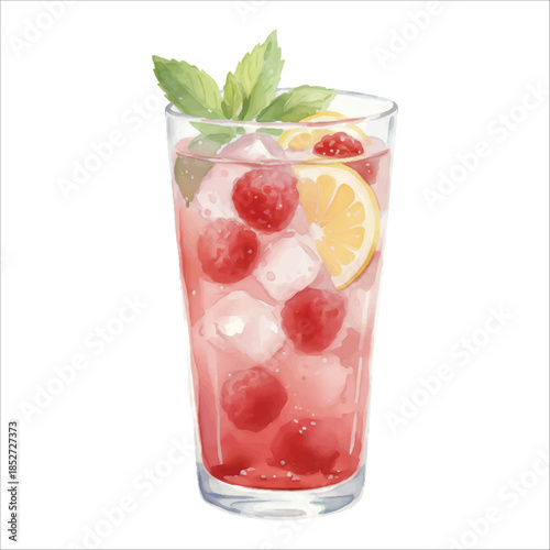 Raspberry Collins Watercolor Cocktail Vector Isolated on White Background
