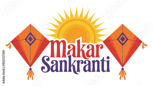  Makar sankranti festival greeting illustration with rising sun and colorful flying kites for indian harvest celebration isolated on white background suitable for banner poster and card