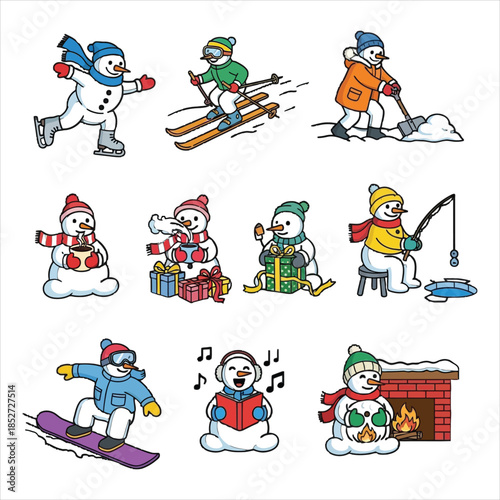 Snowmen enjoying winter activities and holidays
