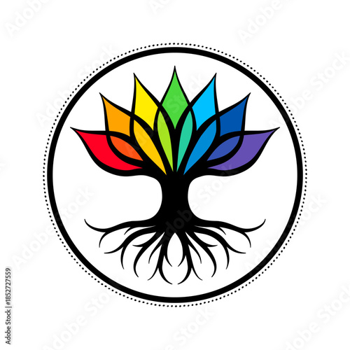 Esoteric spiritual vector illustration - grounding tree with roots and chakras colors.