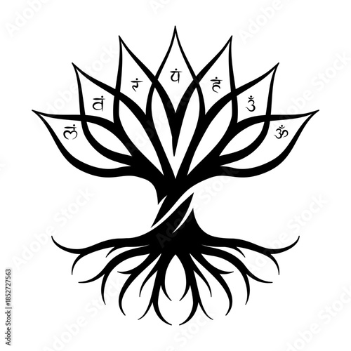 Esoteric spiritual vector illustration - grounding tree with roots and chakras symbols.