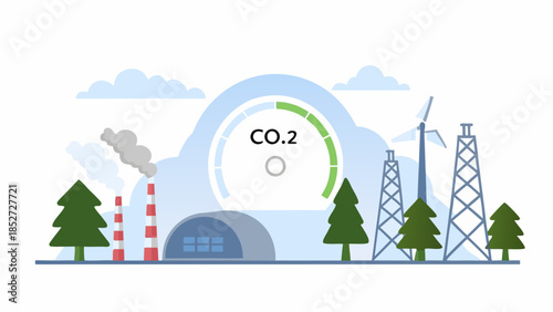 Illustration depicting industrial emissions renewable energy and carbon dioxide monitoring
