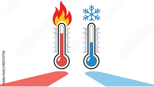 Two thermometers show hot and cold temperatures with fire and snowflake symbols.