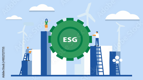 Sustainable growth and esg initiatives illustrated with people gears and windmills