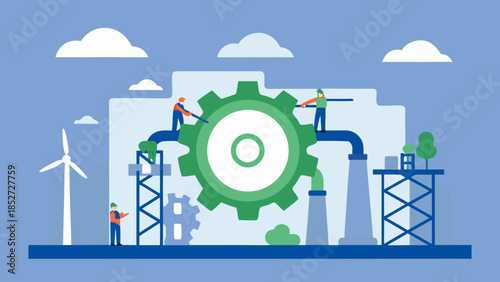 Sustainable industry and energy workers maintaining a green gear mechanism