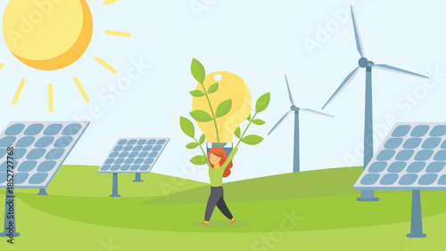 Sustainable energy sources solar panels wind turbines and a growing green concept