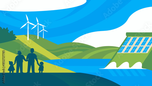 Family enjoying a scenic view of renewable energy sources and nature