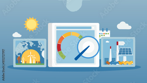 Sustainable energy solutions displayed on multiple digital devices with a sunny backdrop