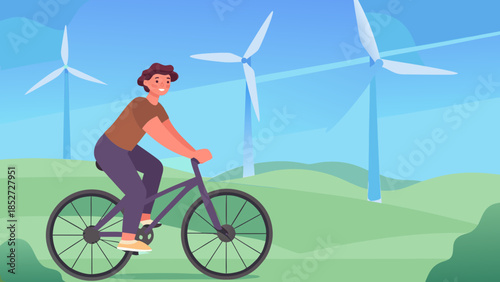 A person riding a bicycle near wind turbines in a green landscape