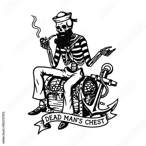 Wallpaper Mural Bearded Skeleton Sailor Smoking Pipe Sitting On Treasure Chest. Torontodigital.ca