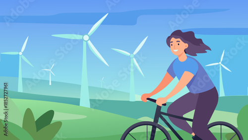Woman riding a bicycle near wind turbines in a green landscape