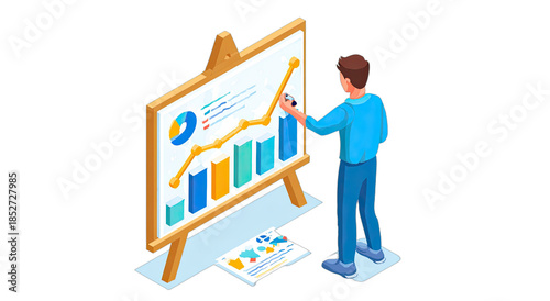 Person drawing on whiteboard with charts, graphs, and world map