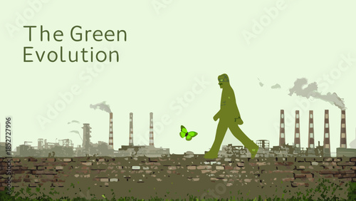 A solitary green figure walks towards industrial pollution and a hopeful butterfly