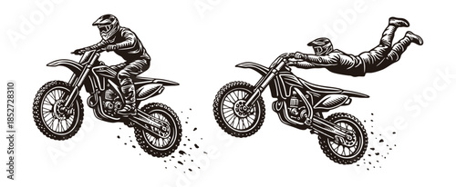 Two motocross riders performing high jumps and stunts mid air.