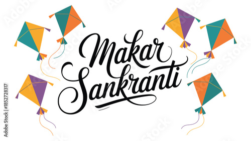 Makar sankranti festive typography design with colorful flying kites for indian harvest festival celebration isolated on white background suitable for banner poster greeting card and decoration