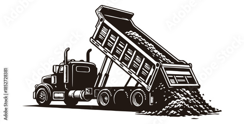Large dump truck unloading a heavy pile of dark soil.