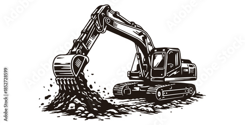 Heavy duty excavator digging into a pile of dark earth
