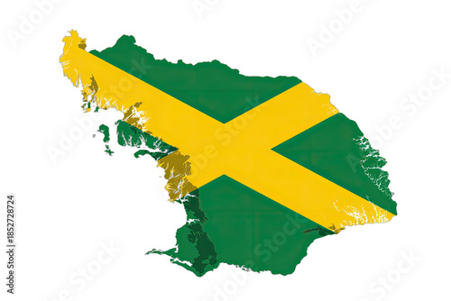 Outline of Jamaica filled with its national flag colors and design