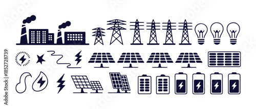 Set of black and white electricity icons includes power plants, solar panels, and power lines