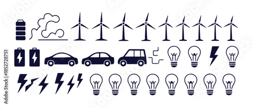 Set of black and white electric energy icons includes batteries, wind turbines, and light bulbs
