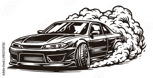 Front view of a sports car drifting with thick smoke.