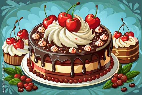 Classic black forest cake with fresh cherries and whipped cream, offering a rich chocolate dessert, a beautiful bakery pastry, and a traditional European pastry photography concept.