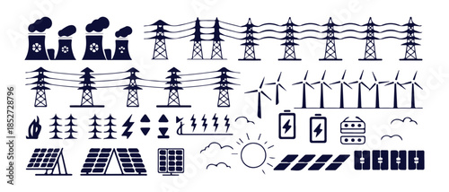 Set of energy and electricity vector icons including nuclear power plants and solar panels