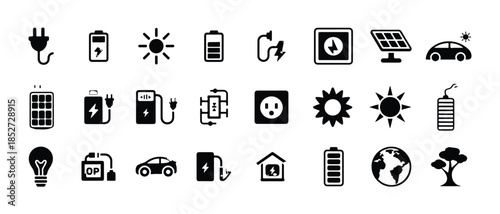 Green energy and eco friendly icons collection featuring solar panels electric car and battery vector