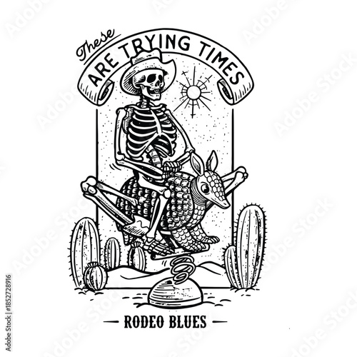 Skeleton Cowboy Riding Armadillo Spring Rider In Desert Illustration.