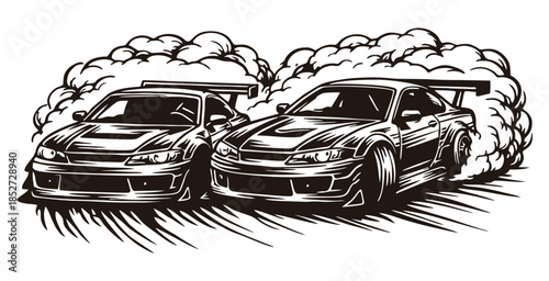 Two powerful drift cars sliding sideways with massive smoke clouds.