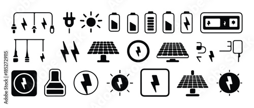 Set of energy source icons including solar panels batteries lightning bolt and sun power