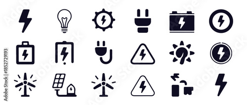 A set of electricity and renewable energy icons featuring lightning, light bulbs, and solar panels