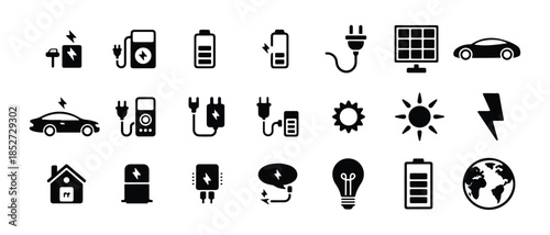 Electric vehicle charging station with lightning bolt and power plug icon set black white isolated design