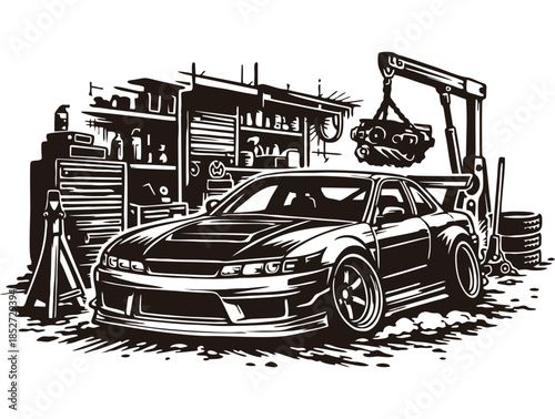 Tuned car parked inside a garage with tools and engine.